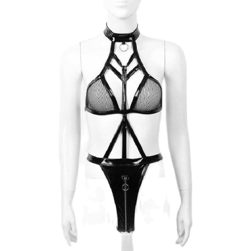 Women Sexy Open Crotch Glossy Leather Bodysuit Hot Porn Breast Exposed