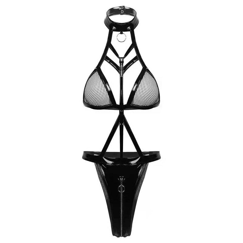 Women Sexy Open Crotch Glossy Leather Bodysuit Hot Porn Breast Exposed