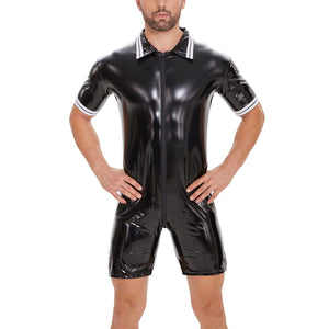 Men Shiny Leather Bodysuit Sexy Below Open Crotch Latex Leotard Xokesy –  Sexybuyer