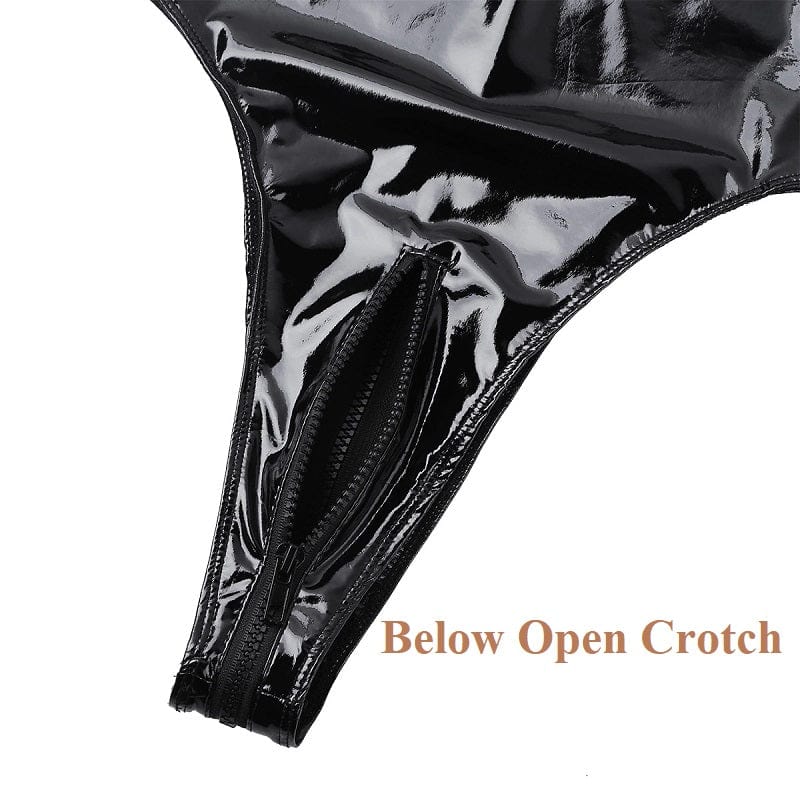 Women Sexy Open Crotch Glossy Leather Bodysuit Hot Porn Breast Exposed